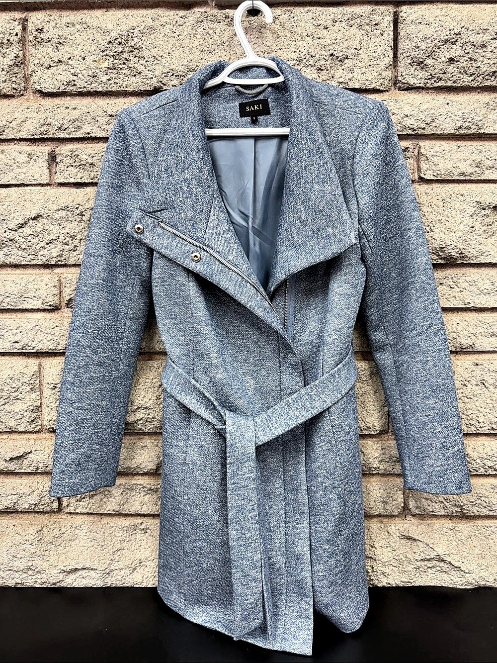 SAKI Blue Marled Knit Belted Moto Trench Coat Jacket Size S